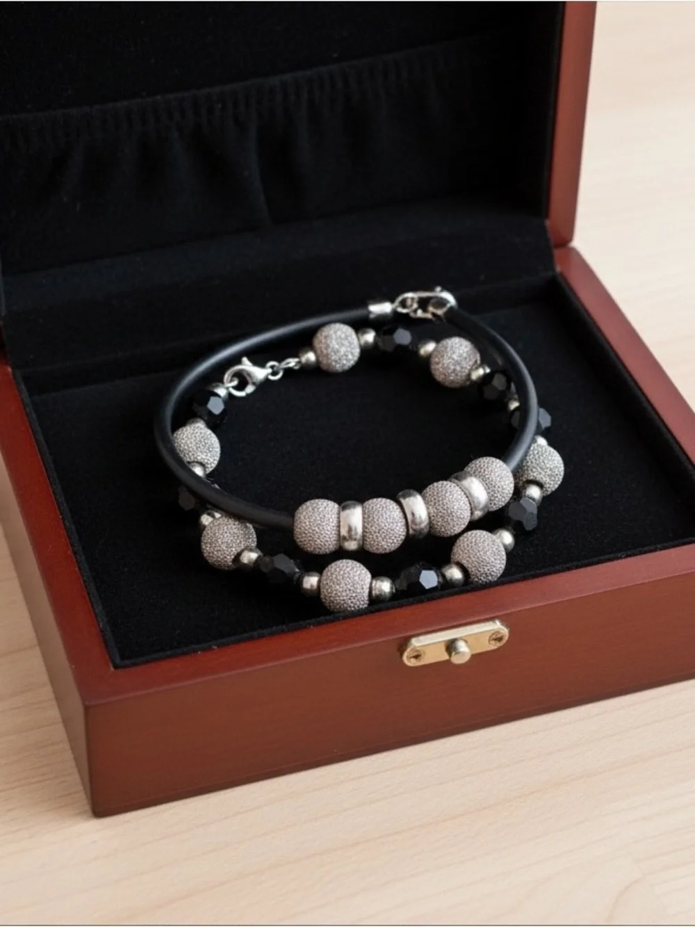 Sterling Silver & Black Beaded Women's Bracelet